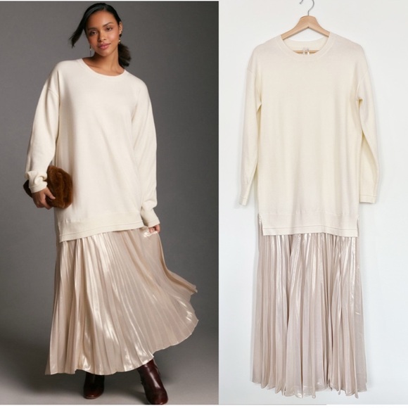 Anthropologie Dresses & Skirts - Anthropologie || Pleated Twofer Sweater Dress Satin Metallic Cream Ivory‎ XS